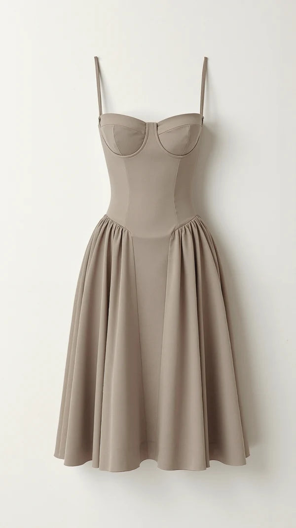 Cherry Khaki dress with thin straps on a white background