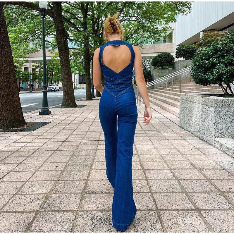 Denim Heart Backless Sleeveless Jumpsuits Romper