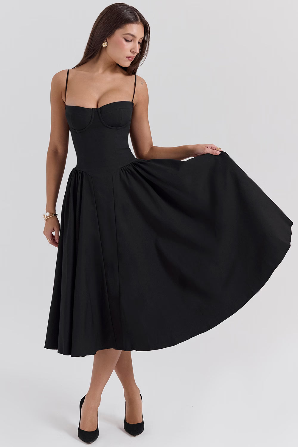 Woman Onyx Black midi dress with thin straps skirt