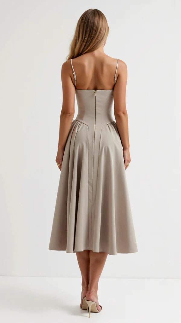 Beige Cherry Khaki dress worn by a model on a white background