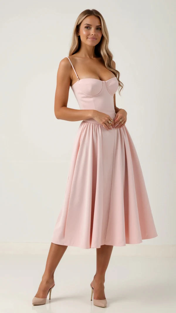 Woman wearing a Blush pink dress on a white background