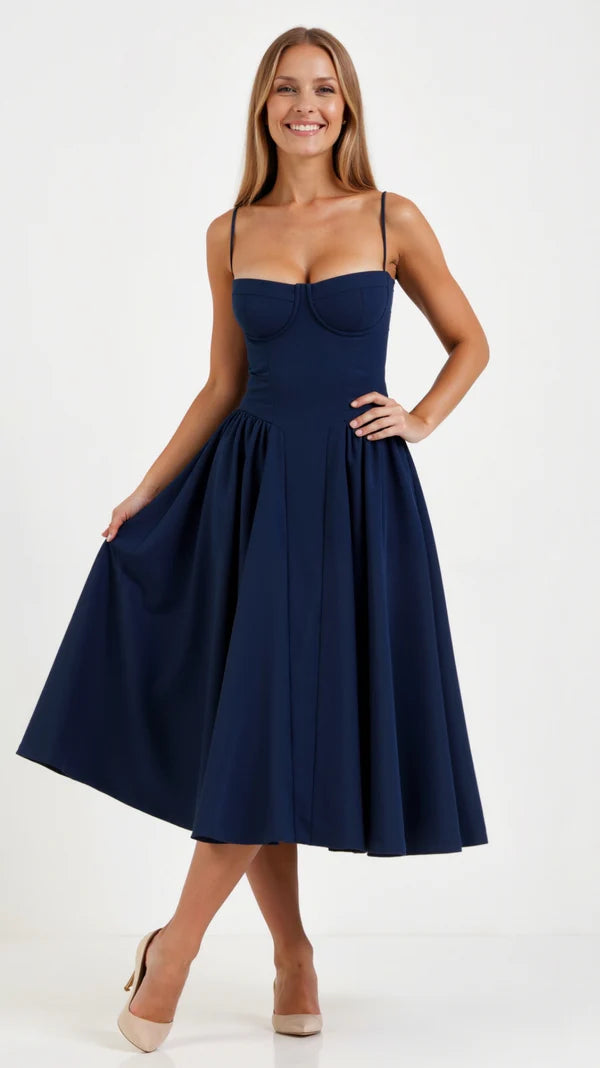Woman wearing a Navy blue dress on a white background