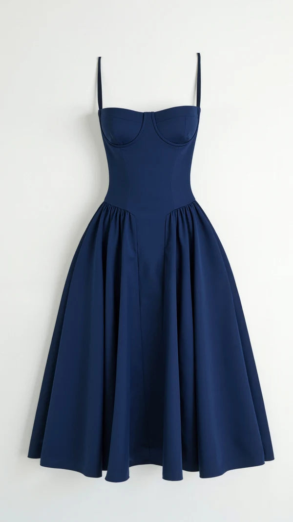Navy blue dress with thin straps on a white background