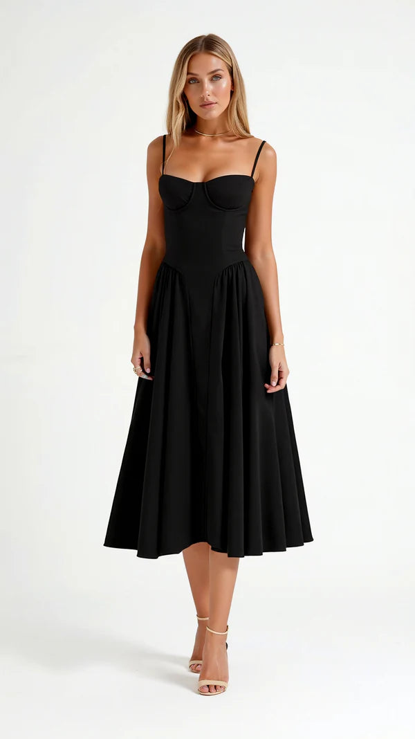 Woman wearing a Onyx Black dress on elegant
