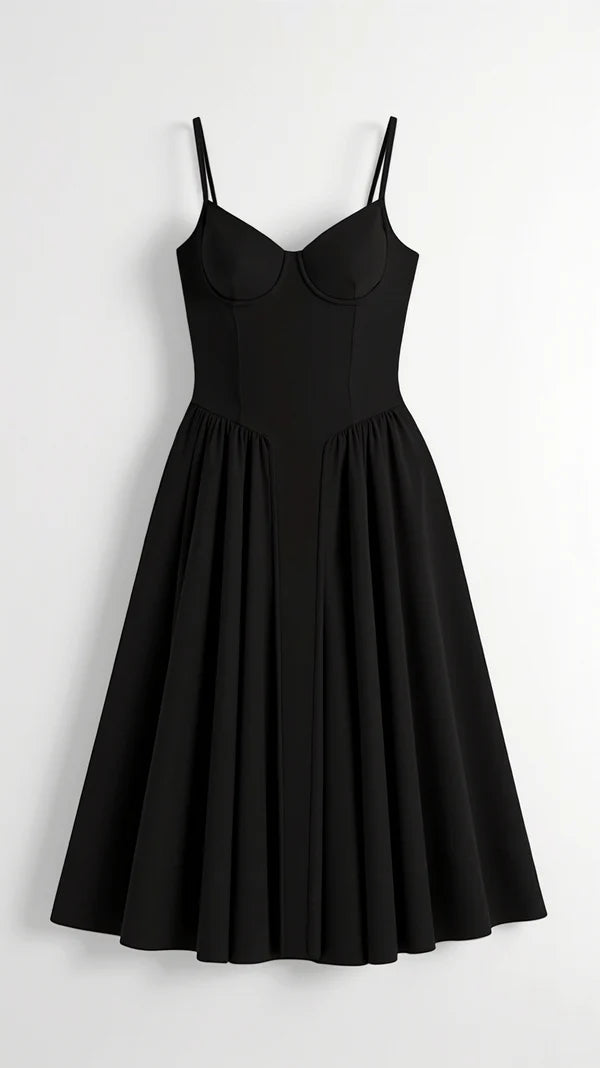 Onyx Black midi dress with thin straps skirt for girl