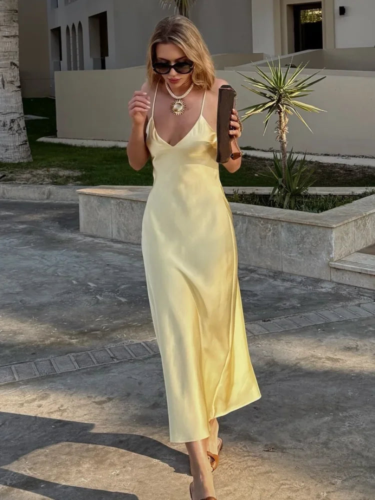 Elegant Sling Dress Sleeveless V Neck High Waist Chic Lady