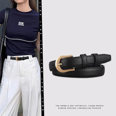 Person wearing a navy blue t-shirt and white pants with a Black belt, with a close-up of the belt on a white background.