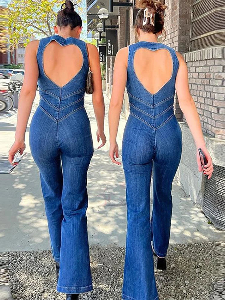 Denim Heart Backless Sleeveless Jumpsuits Romper