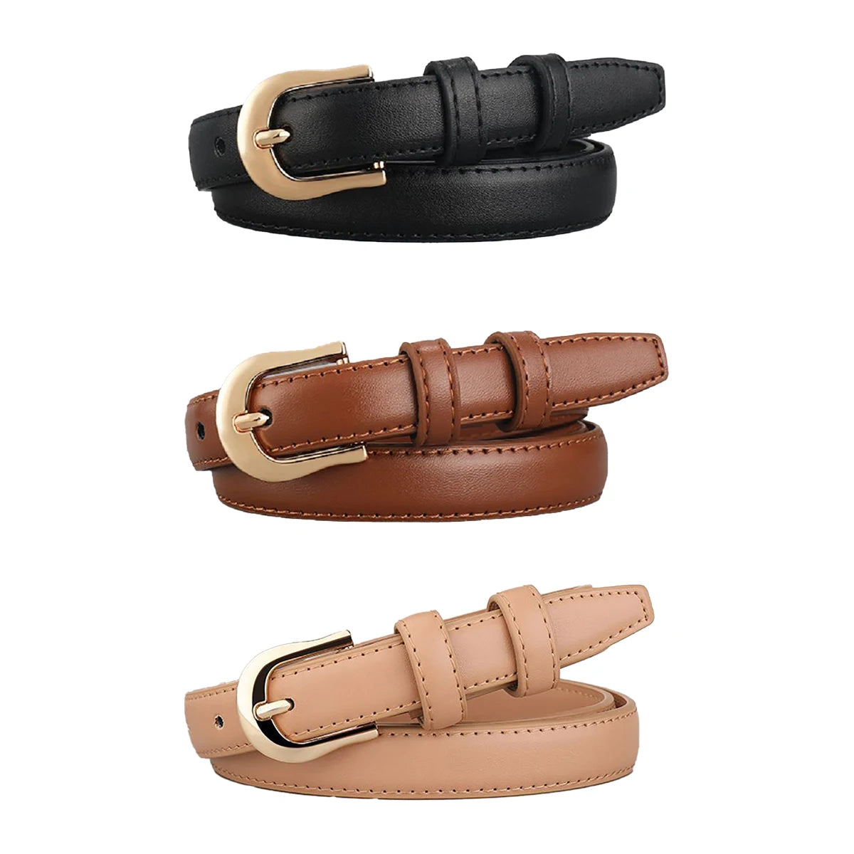 Three belts in black, brown, and beige with gold buckles on a white background