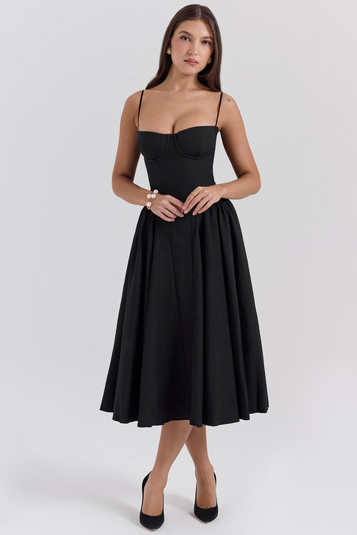 Woman Onyx Black midi dress with thin straps skirt