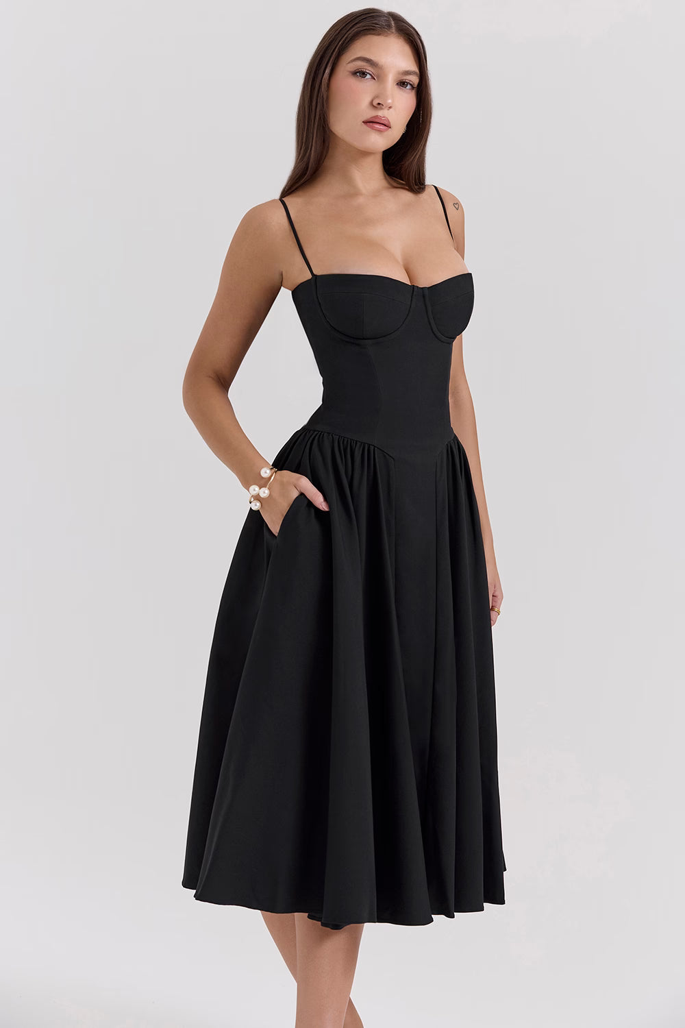 Woman Onyx Black midi dress with thin straps skirt